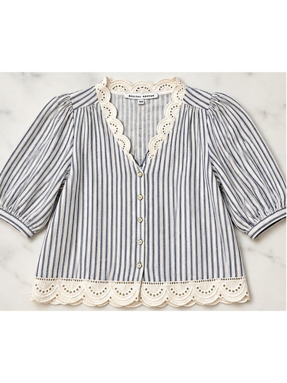 NWT Melissa Nepton Nala Striped Eyelet Blouse Blue White M
